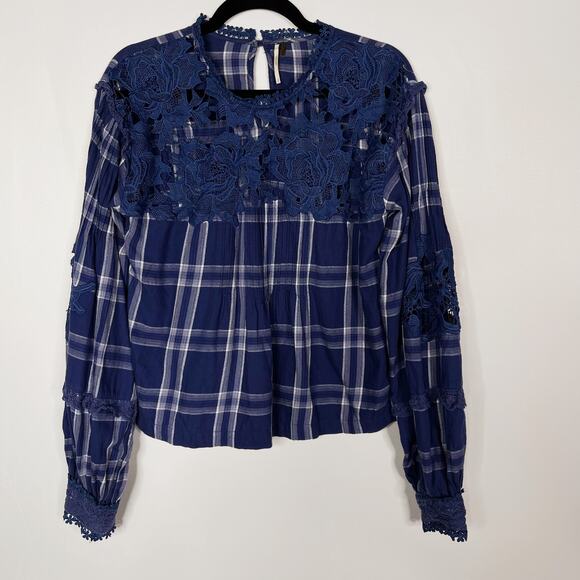 Free People S Navy Blue Darling Diana Lace Top Plaid Long Sleeve Blouse Keyhole - Picture 1 of 12